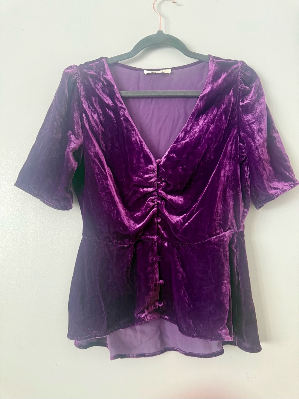 WAYF Purple Velvet Puff Sleeve Peplum Blouse - Button Front V-Neck